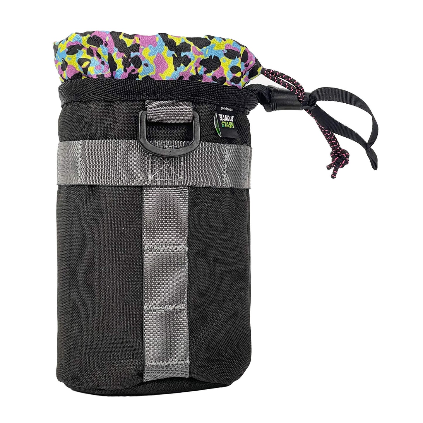 Black stem bag with neon camo liner -side view.