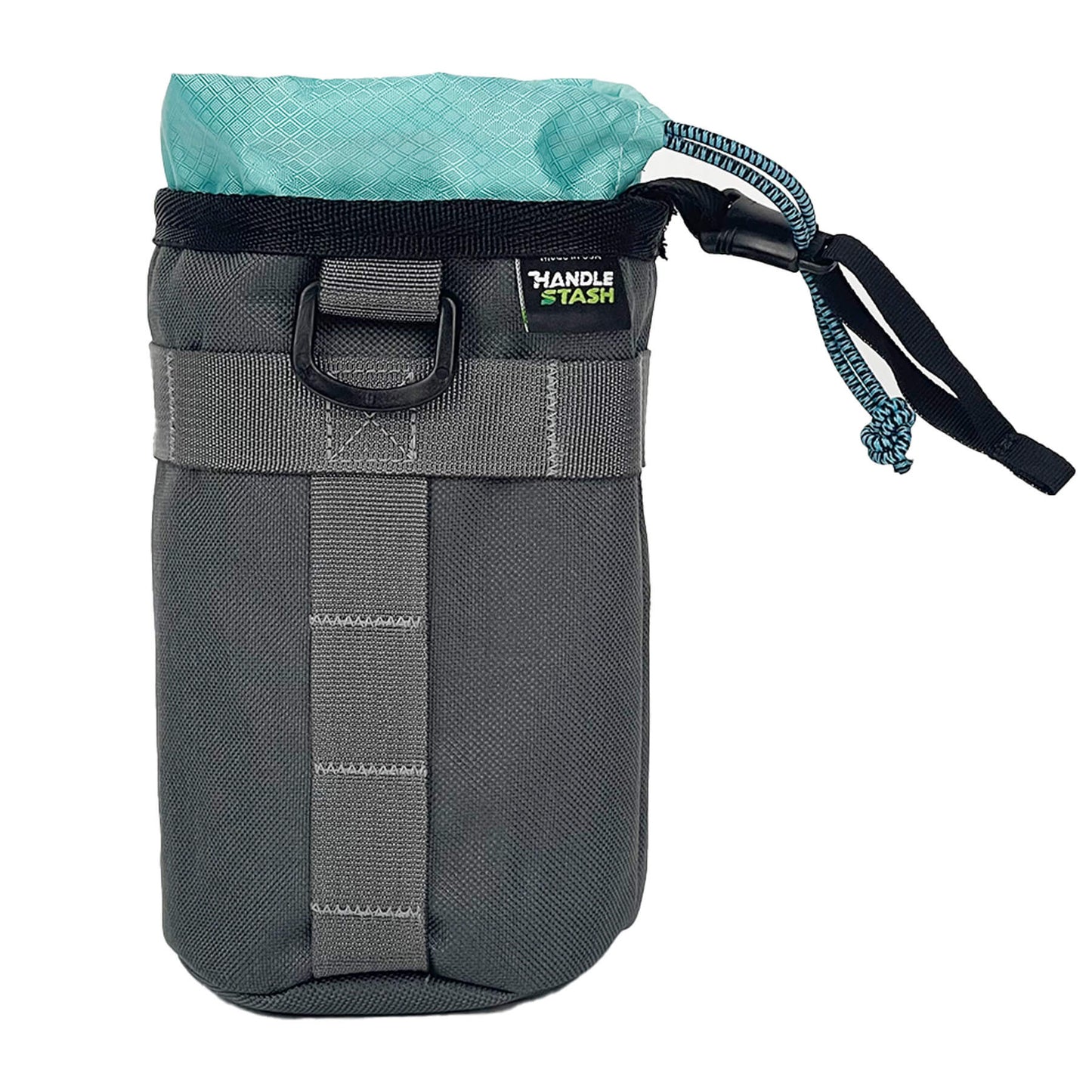 Charcoal stem bag with light blue liner -side view.