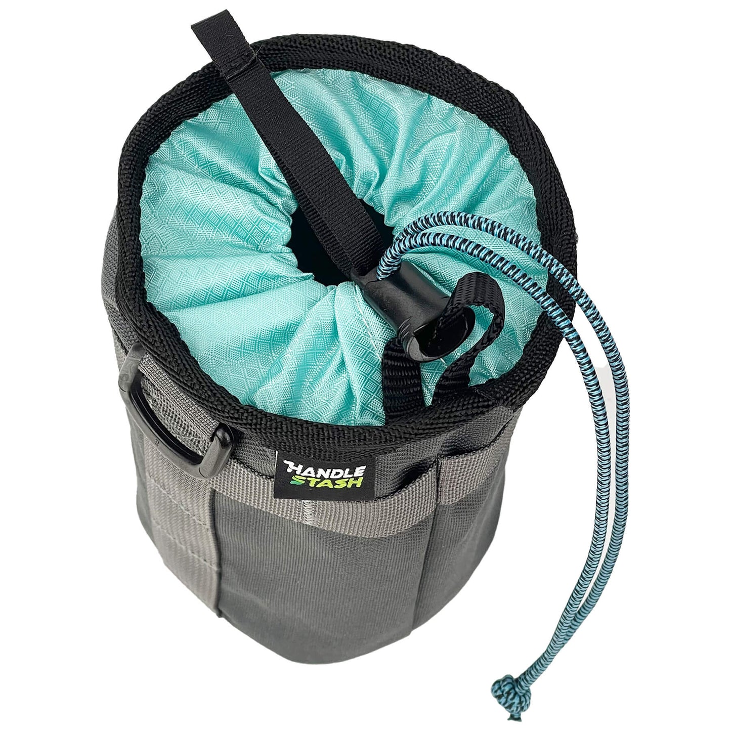 Charcoal stem bag with robin egg blue liner pulled closed. .