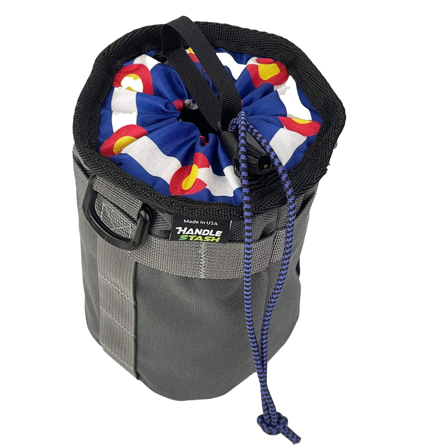 Charcoal stem bag with Colorado Flag liner cinched closed.