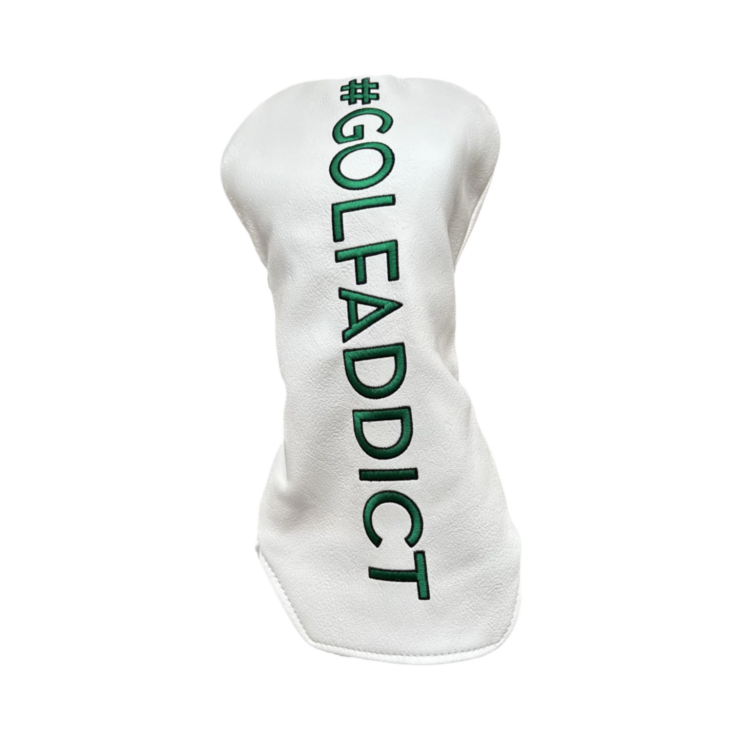 A white golf club cover with the text '#GOLFADDICT' in green on the front.