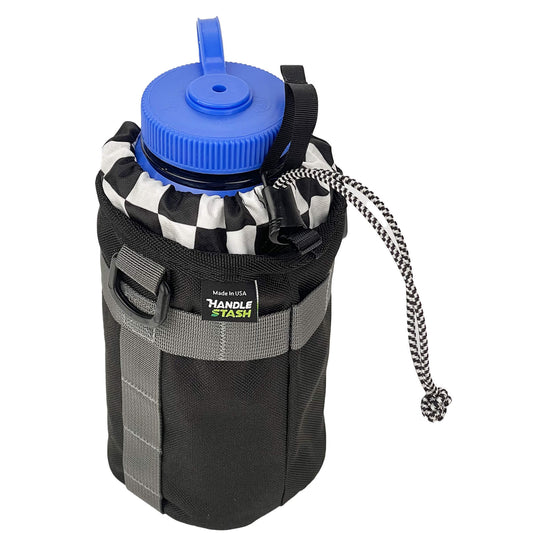 Black stem bag holding nalgene with checkered liner -angle view.