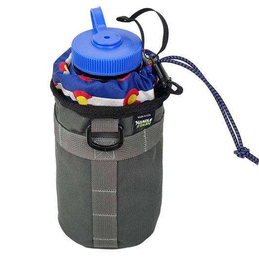 Grey stem bag with Colorado Flag liner holding a nalgene bottle. 
